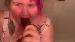 BBW Sucks on BBC Dildo with Tits out