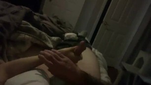 Sister Strokes Cock while on Phone.