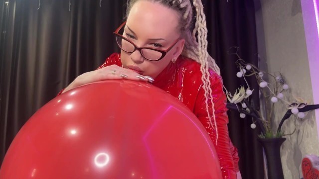 Looner Girl in Glasses and Red PVC Dress Blow BIG Red Balloon and Pop it with Ass. DM to get Full