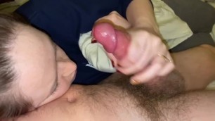 Wife Strokes Morning Load out on her Mouth and Face