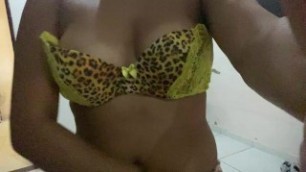 Hot Brunette Showing Huge Breasts and her Leopard Bra